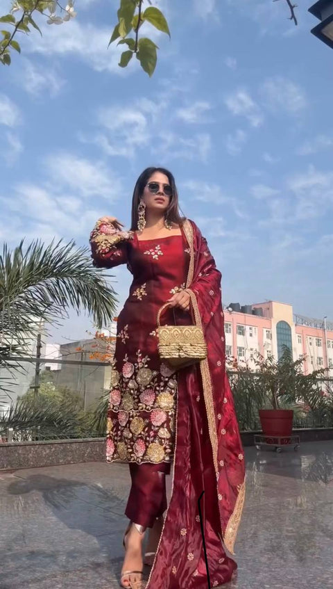 New Designer Collection In Pure Heavy  Organza poly silk With Heavy Embroidery Sequence Work Top-Bottom And Dupatta Set