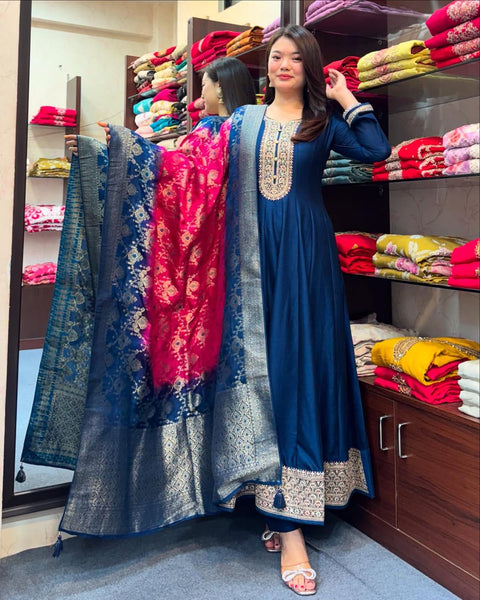 New Banana Silk Anarkali Flared Kurti Pant Dupatta Set