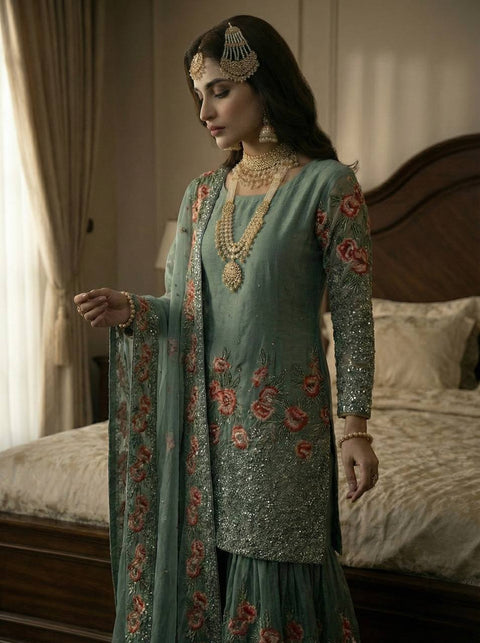 New Pure Fendy Silk With Heavy Embroidery Sequence Work Top-Bottom And Dupatta Set