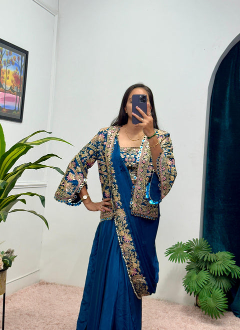 NEW SUPERHIT TRENDING READY TO WEAR SAREE WITH FULLY EMBROIDERED KOTI ON  CHINON FABRIC WITH STITCH BLOUSE