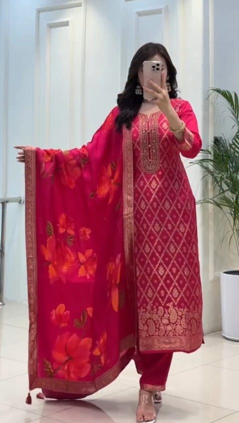New Beautiful Banarasi  Silks SuitKURTI PENT DUPPTA FULL SET