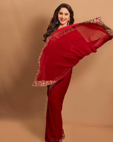 NEW RED HEAVY GEORGETTE FABRIC ON BEAUTIFUL EMBRODERY SEQUENCES AND ZARI THRED WORK ON LACE saree