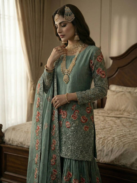 New Pure Fendy Silk With Heavy Embroidery Sequence Work Top-Bottom And Dupatta Set