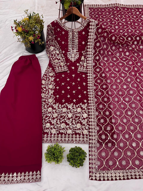 New Designer Party Wear Look Top-Plazzo and Dupatta With Heavy Embroidery Work