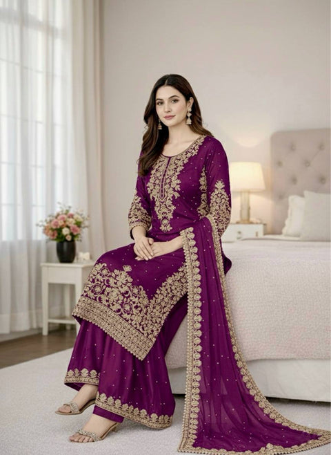 New Designer Collection In GMY SILK With Heavy Embroidery Coding Sequence Work Top-Bottom And Dupatta Set