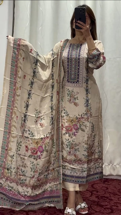NEW ARRIVALS beautifully decorated with digital prints and hand embroidery and hand works Lilac Silks Suit
