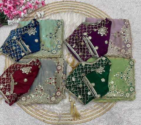 New Fendy Chiffon two ton  fully stitched Coding  sequence embroidery blouse with mirror lace touch up & fancy latkan saree