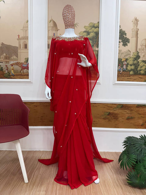 New EXCLUSIVE 2 STYLES HAND WORKED, DRAPE SAREE ON FAUX GEORGETTE FABRIC WITH STITCHED BLOUSE