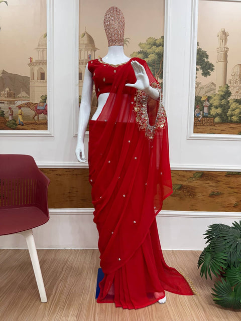 New EXCLUSIVE 2 STYLES HAND WORKED, DRAPE SAREE ON FAUX GEORGETTE FABRIC WITH STITCHED BLOUSE