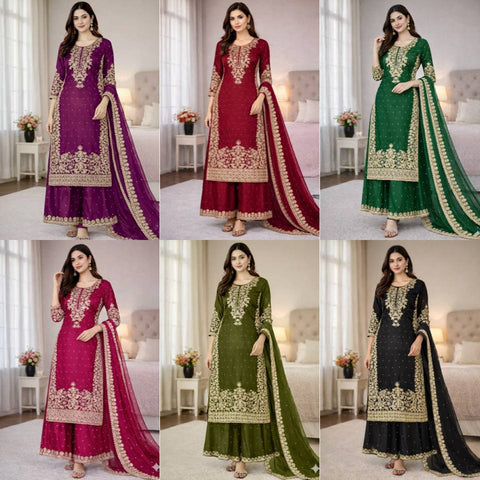 New Designer Collection In GMY SILK With Heavy Embroidery Coding Sequence Work Top-Bottom And Dupatta Set