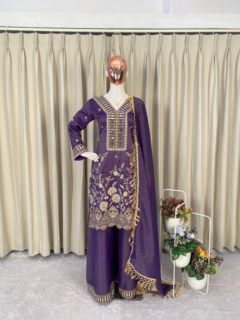 New WEDDING SEASON OUR DESIGNER WEAR KURTI PLAZZO PAIR WITH REAL MIRROR EMBROIDERY WORK