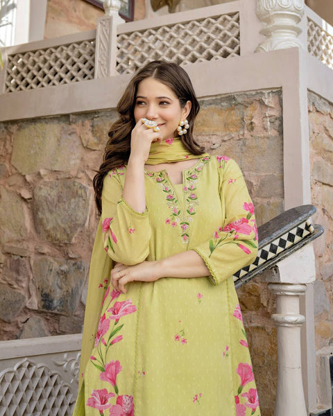 New Premium Chanderi Silk Butti Fully Stitched Kurta And Pant & Dupatta Set