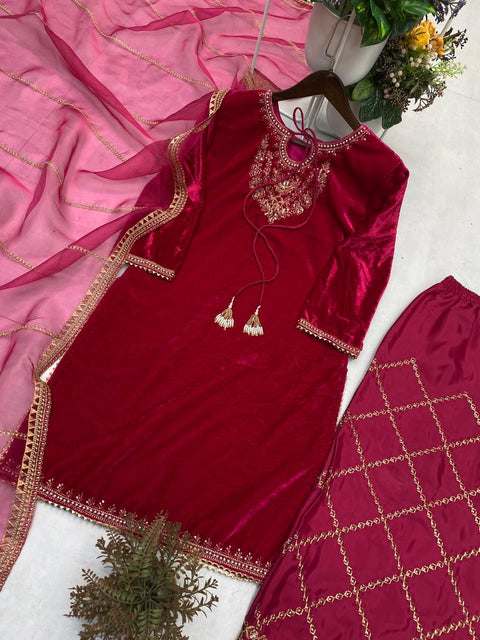 New VELVET DESIGNER WEAR KURTA PANT PAIR WITH EMBROIDERY WORK