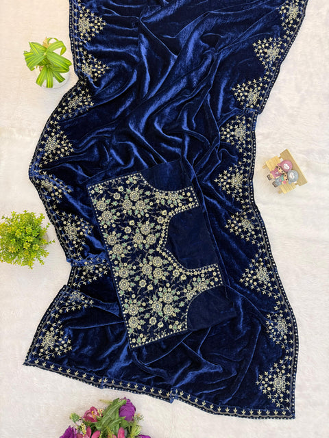 New SPECIAL WEDDING SUPERHIT TRENDING VELVET SAREE WITH EMBROIDERY WORK