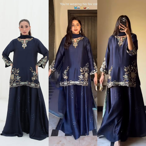 New premium Heavy Natural Crep Silk Heavy Bids Hand Work Embroidery Sequence Work Dress