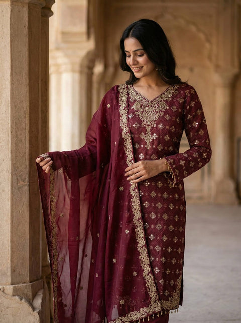 New Designer Collection In GMY SILK With Heavy Embroidery Sequence Work Top-Bottom And Dupatta Set