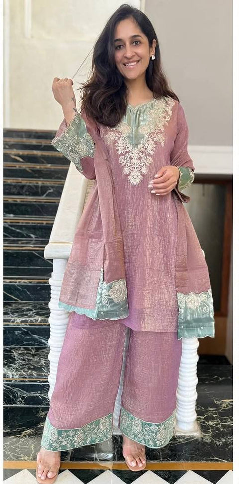 NEW DeSIGNER PARTY WEAR TOP AND PANT WITH FANCY DUPPATA AND EMBROIDERY WORK