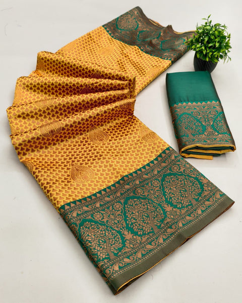 New Beautiful Art Silk Jacquard Border Saree With Unstitched Running Blouse For Women Wedding Wear Party