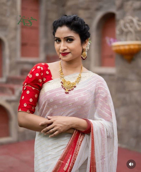 New Contrast Dola Banarasi Silk Blouse Viscose Georgette Saree