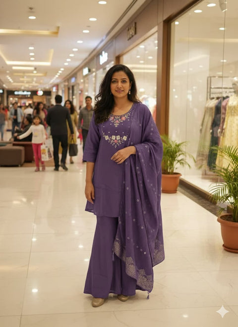 New Beautiful Real Hand WorkMuslin Silk DupattaRoman Silk PalazzoCHANDERI SHORT TOP SET