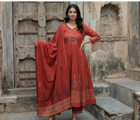 New Pure Cotton discharge print kurti with pant and mulmul printed dupatta