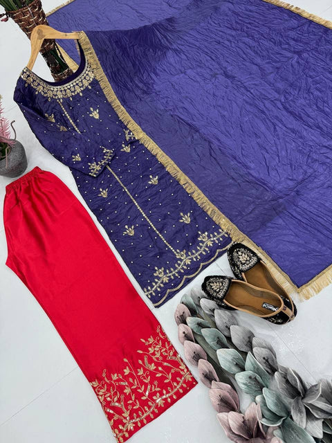 New DESIGNER HEAVY GOLD CRUSHE EMBROIDERED SEQUENCE WORK WITH FANCY TOP-PENT DUPATTA SET