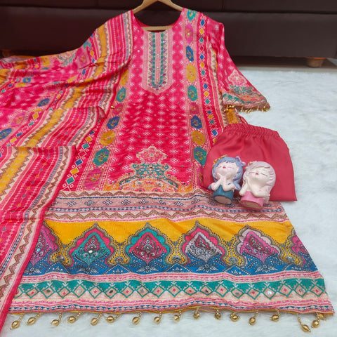 New DESIGNER WEAR JAYPURI TRENDING  TOP WITH PRINTED WORK WITH MIROR WORK WITH PLAZZO AND DUPATTA