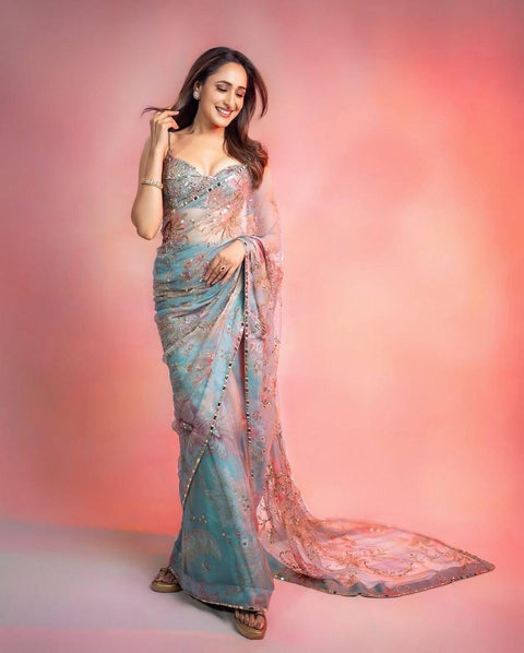 New Premium Georgette Embellished With Beautiful Print , Beautiful Handwork Sequins Work , Beautiful Hand Mirror Work With Beautiful Lace saree