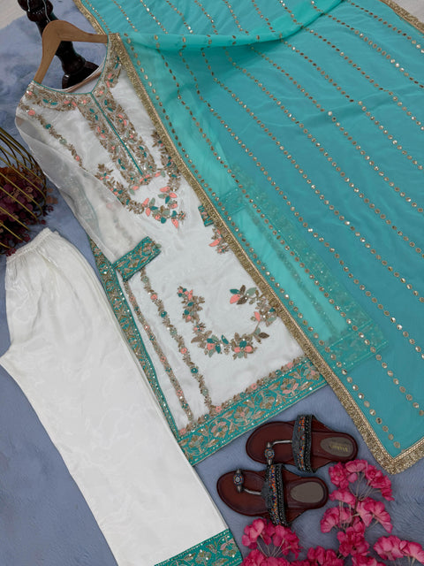 New  Designer Party Wear Look Pur Gmy Silk Top Plazzo & Dupatta Set