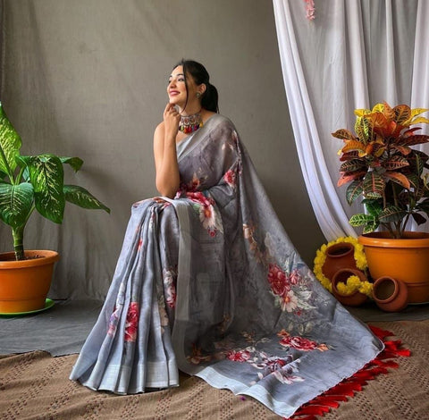 New Original Linen With Silver Jari Patta Digital Print saree