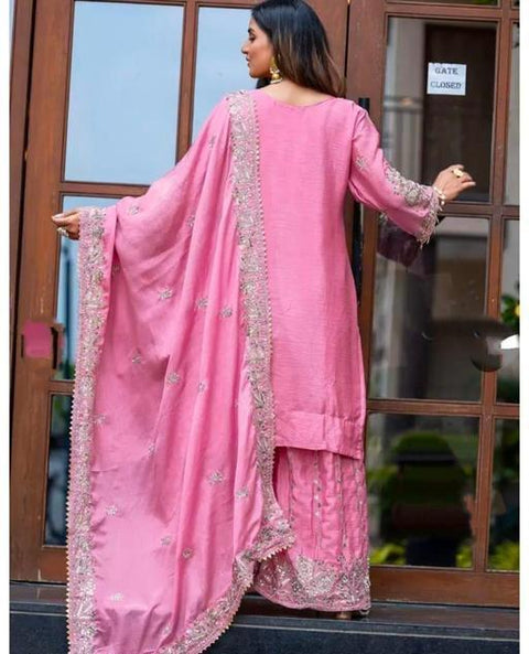 New Pure Heavy Chinnon Silk With  Heavy Embroidery moti Sequence Work With Full Embroidery Sleeve