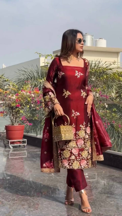 New Designer Collection In Pure Heavy  Organza poly silk With Heavy Embroidery Sequence Work Top-Bottom And Dupatta Set
