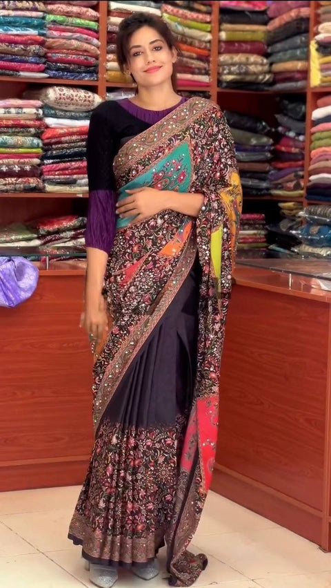 NEW DESIGNER HEAVY NATURAL SILK FANCY DIGITAL PRINT WITH  REAL MIRROR HANDWORK saree