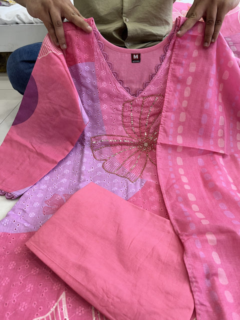 NEW SHIFLI  LUNCHING HEVAY SHIFLI FABRIC DIGITAL PRINTING HAND WORK FULL NECK LACE LINEN Suit Set