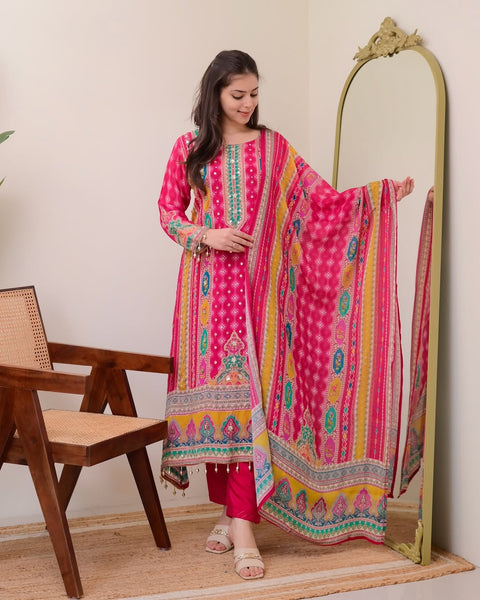 New DESIGNER WEAR JAYPURI TRENDING  TOP WITH PRINTED WORK WITH MIROR WORK WITH PLAZZO AND DUPATTA