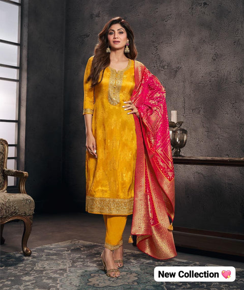 New  Designer Pure Banarasi Jequard Wiving Top With Pent & Dupatta Set