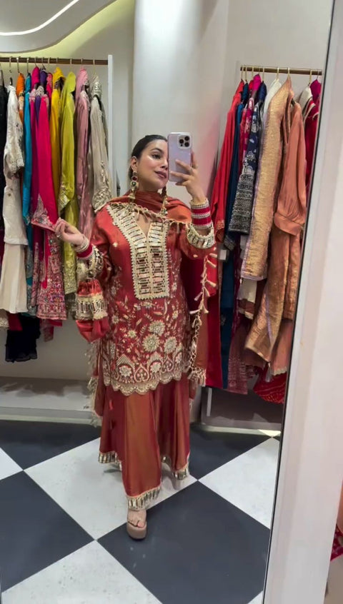 New WEDDING SEASON OUR DESIGNER WEAR KURTI PLAZZO PAIR WITH REAL MIRROR EMBROIDERY WORK