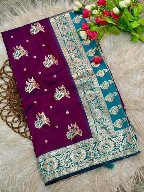 New golden designs and soft tassels Elegant Banarasi Saree