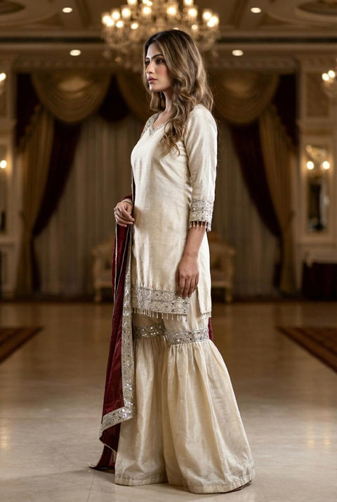 New Premium Chinon-Silk Pair Of Top Bottom & Duppata