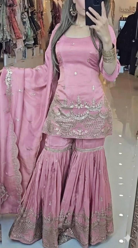 New Premium Neutral Silk With Heavy Embroidery Work Sarara Plazo