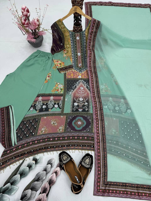 NEW DESIGNER HEAVY FUAX GEORGETTE DIGITAL PRINT HAND WORK FANCY SALWAR SUIT
