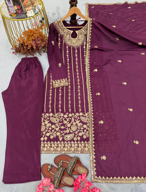 New Designer Party Wear Look Pur Chinon Silk Top Bottom & Dupatta Set