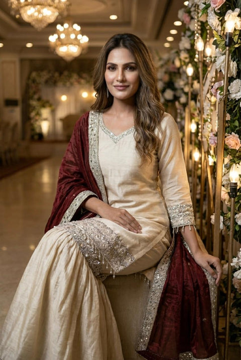New Premium Chinon-Silk Pair Of Top Bottom & Duppata