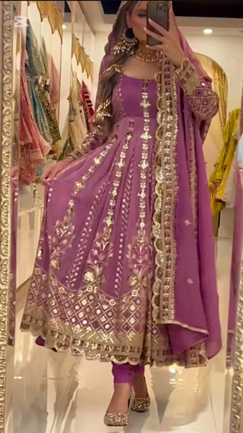 New Fancy Style Heavy Chinnon Silk Designer Anarkali Suit