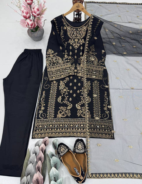 New DESIGNER HEAVY NATURAL CREAP EMBROIDERED SEQUENCE WORK WITH FANCY TOP-PENT DUPATTA SET