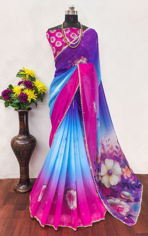 New Digital Print with pearl lace border saree