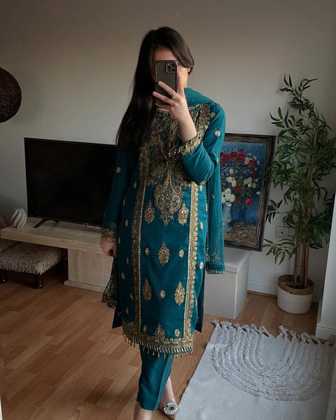 New Premium Pure Heavy Chinnon Silk With Heavy Embroidery Coding Sequence Work Dress