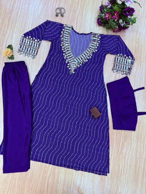 NEW SUPERHIT TRENDING KURTI, PENT & BLOUSE ON CHINON FABRIC WITH DIGITAL PRINT AND REAL MIRROR HAND WORK