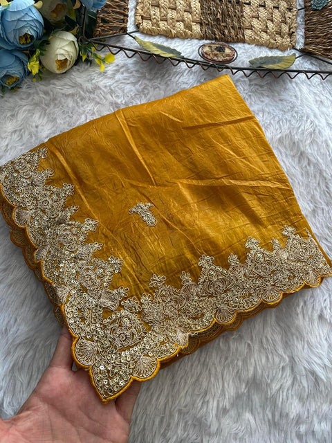 NEW TRENDING GLOD CRUSH FABRIC ON HEAVY EMBRODERY WORK SAREE