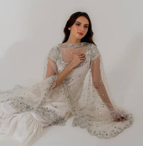 NEW DESIGNER HEAVY FUAX GEORGETTE TOP WITH SHARARA DUPATTA SUIT SET